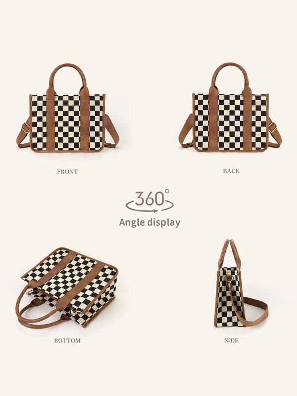 Checkerboard Pattern Top Handle Bag, Fashionable Canvas Shoulder Bag for Women, Casual Trendy Versatile High-quality Daily Commuting Bag, Girl Fashionable Shopping Bag