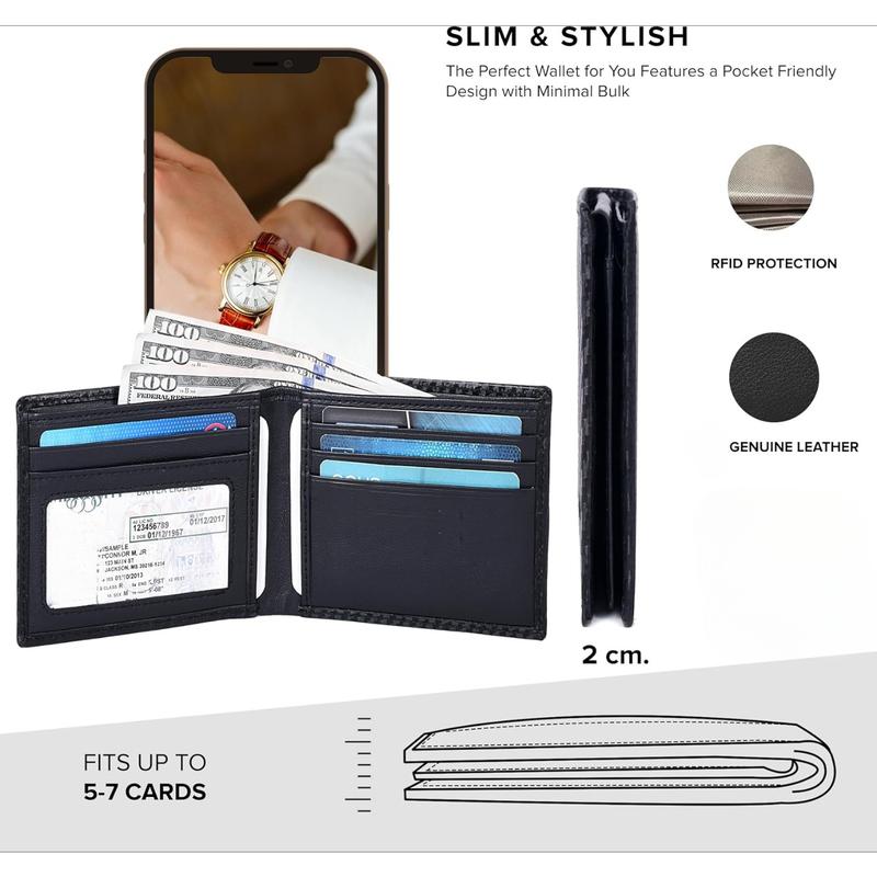 Slim Leather Wallet for Men - RFID Blocking Slim Minimalist Front Pocket - Thin & Stylish with ID Window, Gift For Men