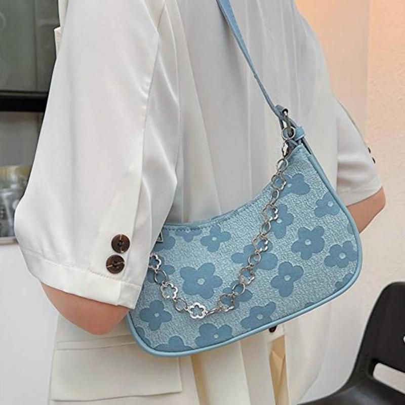 Aesthetic Floral Print Shoulder Bag for Women Fashion Single Handle HandBag Chain Strap Satchel Bag