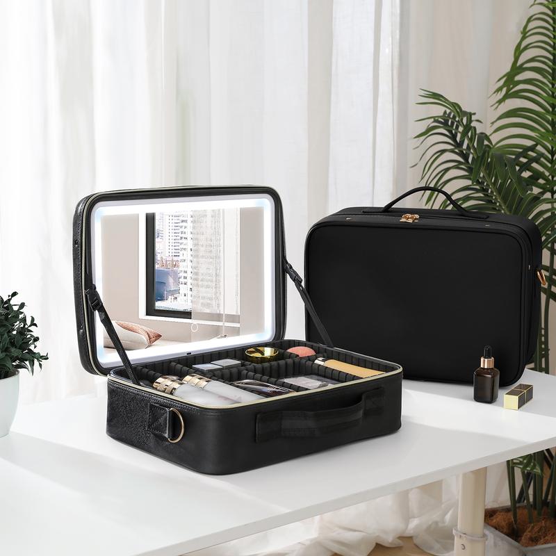 Makeup big Bag with LED Mirror, Travel Makeup Case withRechargeable Lighted Mirror 3 Color Lights, Dual LayerCosmetic Box Makeup Brush Lipstick Holder Organizerfor Women, Leather Black