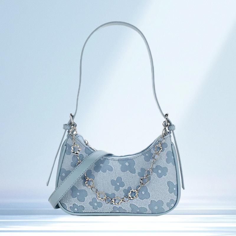 Aesthetic Floral Print Shoulder Bag for Women Fashion Single Handle HandBag Chain Strap Satchel Bag