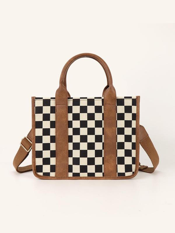 Checkerboard Pattern Top Handle Bag, Fashionable Canvas Shoulder Bag for Women, Casual Trendy Versatile High-quality Daily Commuting Bag, Girl Fashionable Shopping Bag