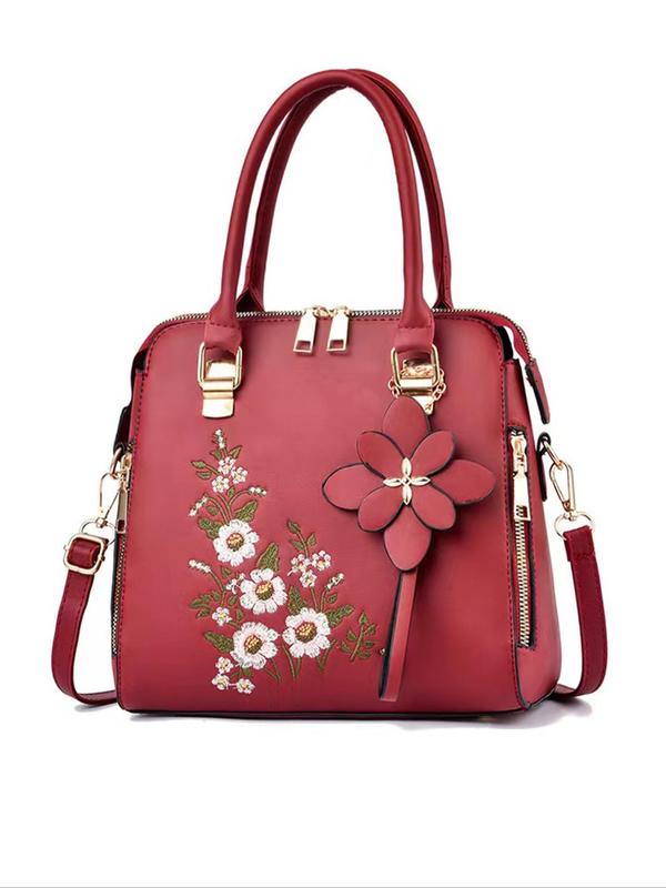 Women's Elegant Floral Pattern Embroidery Handbag, Retro Pu Leather Zipper Handbag for Daily Used, Casual Trendy Versatile High-quality Daily Commuting Bag, Girl Fashion Shopping Bag