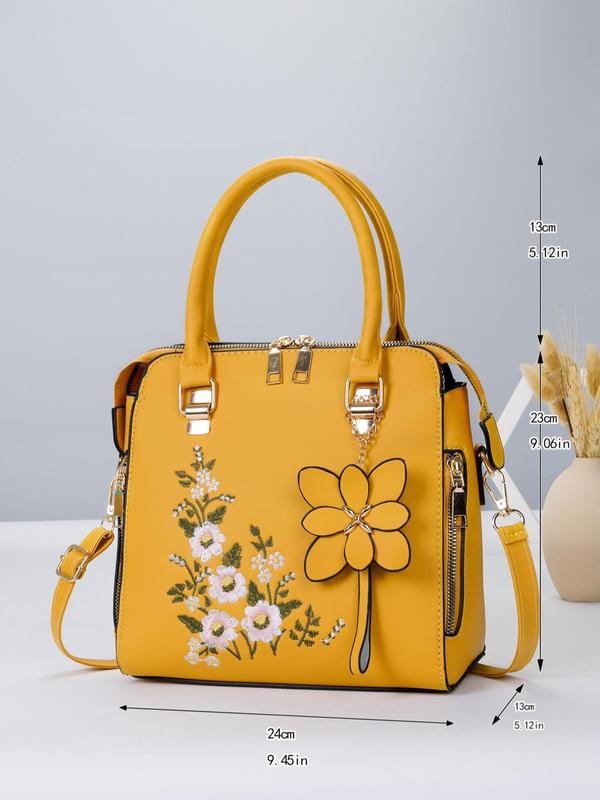 Women's Elegant Floral Pattern Embroidery Handbag, Retro Pu Leather Zipper Handbag for Daily Used, Casual Trendy Versatile High-quality Daily Commuting Bag, Girl Fashion Shopping Bag