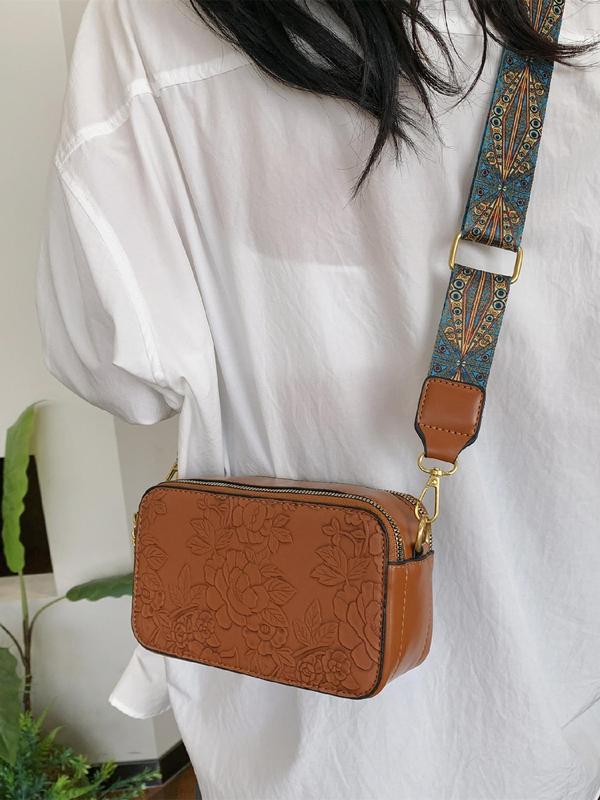 Women's Boho Style Floral Embossed Crossbody Bag, Fashionable PU Leather Shoulder Bag for Daily Used, Casual Trendy Versatile High-quality Daily Commuting Bag