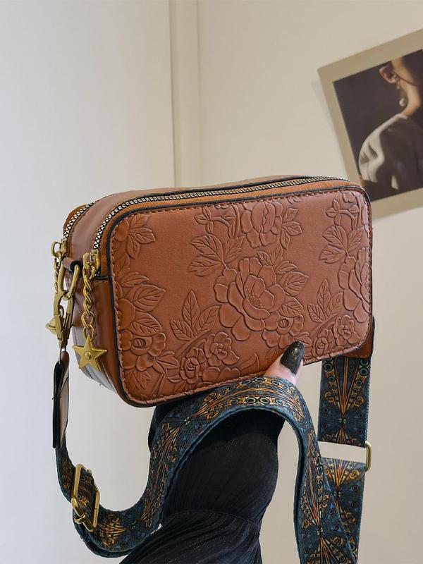 Women's Boho Style Floral Embossed Crossbody Bag, Fashionable PU Leather Shoulder Bag for Daily Used, Casual Trendy Versatile High-quality Daily Commuting Bag