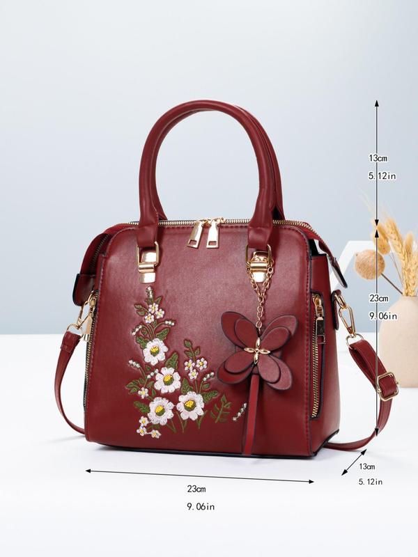 Women's Elegant Floral Pattern Embroidery Handbag, Retro Pu Leather Zipper Handbag for Daily Used, Casual Trendy Versatile High-quality Daily Commuting Bag, Girl Fashion Shopping Bag