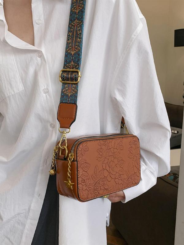 Women's Boho Style Floral Embossed Crossbody Bag, Fashionable PU Leather Shoulder Bag for Daily Used, Casual Trendy Versatile High-quality Daily Commuting Bag