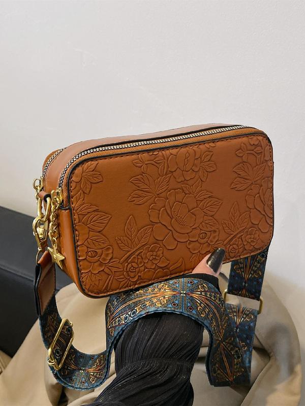 Women's Boho Style Floral Embossed Crossbody Bag, Fashionable PU Leather Shoulder Bag for Daily Used, Casual Trendy Versatile High-quality Daily Commuting Bag