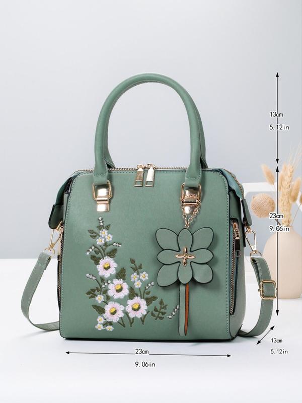 Women's Elegant Floral Pattern Embroidery Handbag, Retro Pu Leather Zipper Handbag for Daily Used, Casual Trendy Versatile High-quality Daily Commuting Bag, Girl Fashion Shopping Bag