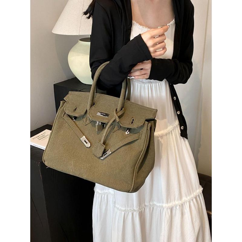 Simple Solid Color Denim Bag Women 2024 New Advanced Texture Large Capacity Birkin Bag Shoulder Messenger Bag