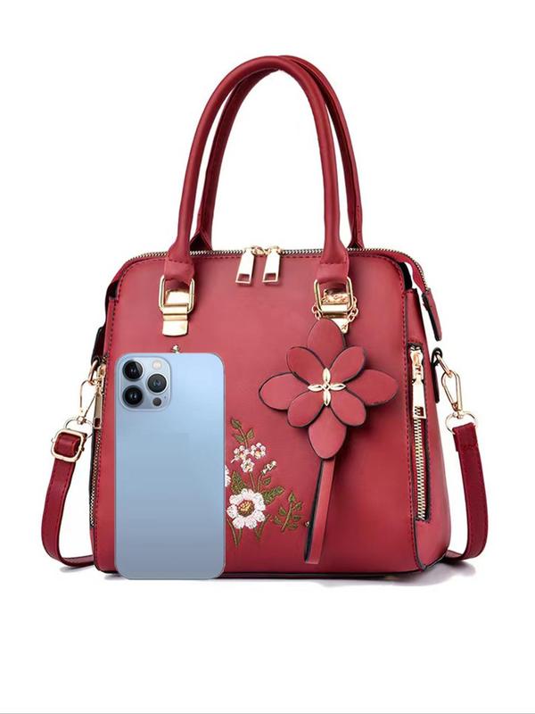 Women's Elegant Floral Pattern Embroidery Handbag, Retro Pu Leather Zipper Handbag for Daily Used, Casual Trendy Versatile High-quality Daily Commuting Bag, Girl Fashion Shopping Bag