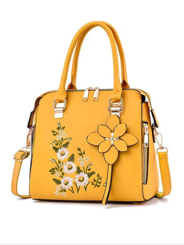 Women's Elegant Floral Pattern Embroidery Handbag, Retro Pu Leather Zipper Handbag for Daily Used, Casual Trendy Versatile High-quality Daily Commuting Bag, Girl Fashion Shopping Bag