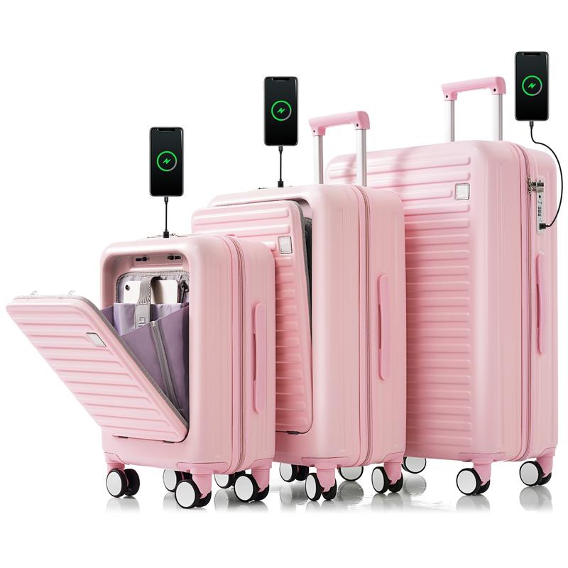 Merax Luggage Set of 3, 20, 24, 28inch with USB Port, with Cup Holder, ABS Hard Shell Luggage with Spinner Wheels