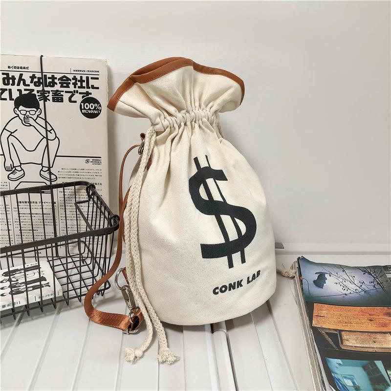 Canvas Drawstring Backpack Large Money Dollar Crossbody Shoulder Bag Bucket Rucksack Lightweight Sport Knapsack