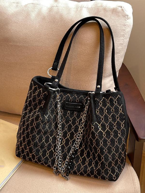 Fashionable Rhinestone Decorated Tote Bag, Casual Versatile Letter Patched Design Large Capacity Shoulder Bag for Women, Trendy All-match Commuter Bag for Daily Used