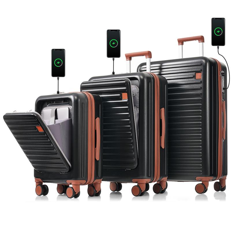 Merax Luggage Set of 3, 20, 24, 28inch with USB Port, with Cup Holder, ABS Hard Shell Luggage with Spinner Wheels