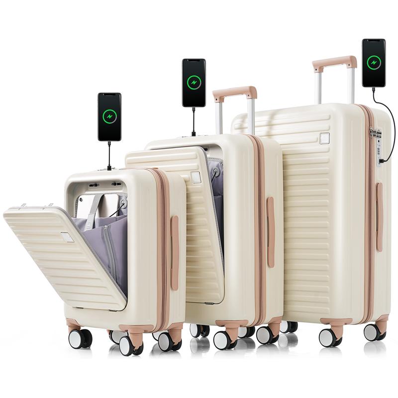 Merax Luggage Set of 3, 20, 24, 28inch with USB Port, with Cup Holder, ABS Hard Shell Luggage with Spinner Wheels