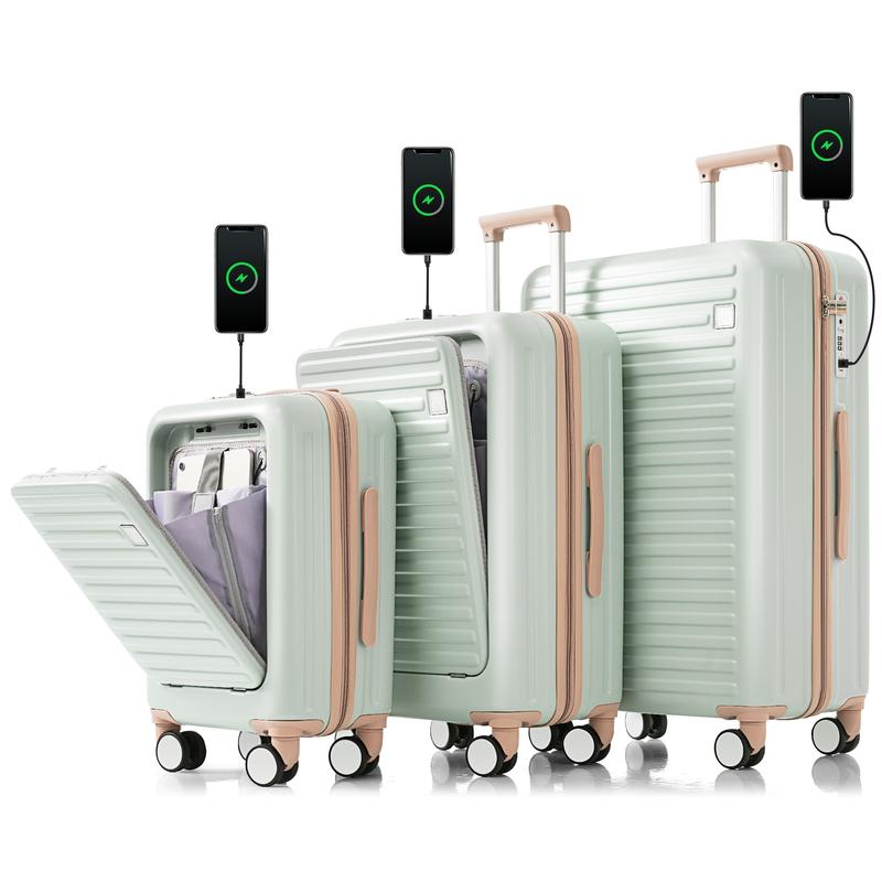 Merax Luggage Set of 3, 20, 24, 28inch with USB Port, with Cup Holder, ABS Hard Shell Luggage with Spinner Wheels