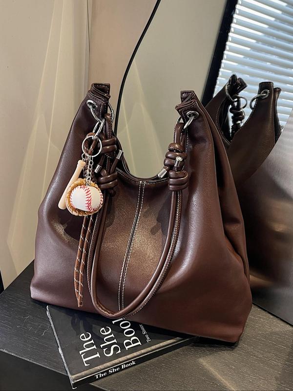 Women's Fashionable Solid Tote Bag with Cartoon Charm, Casual Large Capacity Shoulder Bag for Daily Used, Trendy Versatile High-quality Daily Commuting Bag