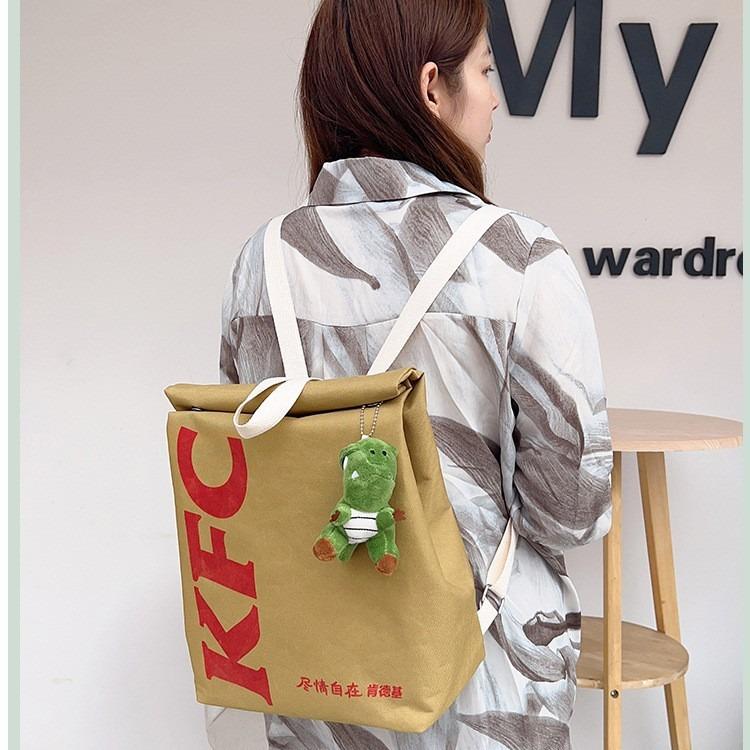 McDonald's Backpack Fun Backpack Women's Canvas large capacity cartoon French fries bag Travel crossbody bag Starbucks KFC bag Double backpack schoolbag