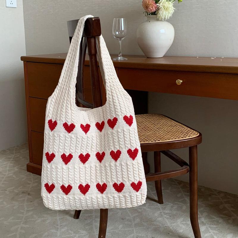 Heart Pattern Crochet Tote Bag, Casual Large Capacity Shoulder Bag for Women, Female Trendy School Bag for Daily Wear, Office, College, Work, Commute,  Gift for her