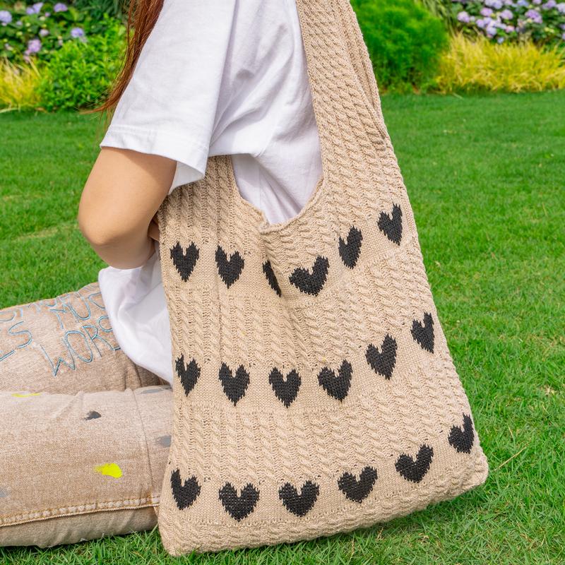 Heart Pattern Crochet Tote Bag, Casual Large Capacity Shoulder Bag for Women, Female Trendy School Bag for Daily Wear, Office, College, Work, Commute,  Gift for her