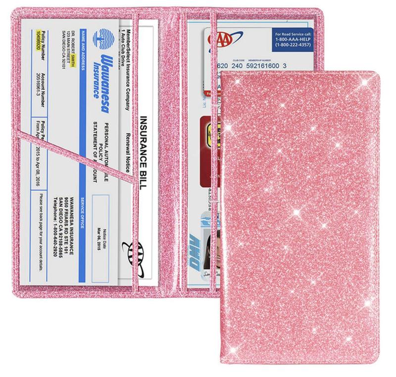 Car Registration and Insurance Card Holder, Driver Vehicle License Document Organizer,Magnetic Closure Design, Transparent Compartment, Glitter Black Pink Blue