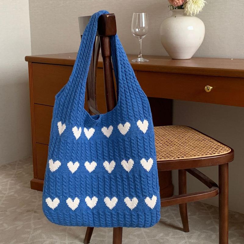 Heart Pattern Crochet Tote Bag, Casual Large Capacity Shoulder Bag for Women, Female Trendy School Bag for Daily Wear, Office, College, Work, Commute,  Gift for her