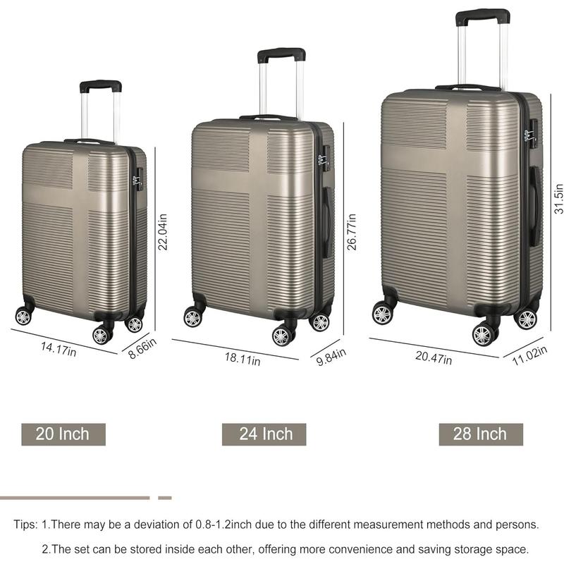 Lusabagyo Fashionable luggage 3Piece Luggage Set - Lightweight ABS Hardshell, TSA Lock, 360° Spinner Wheels, (20in 24in 28in) Champagne