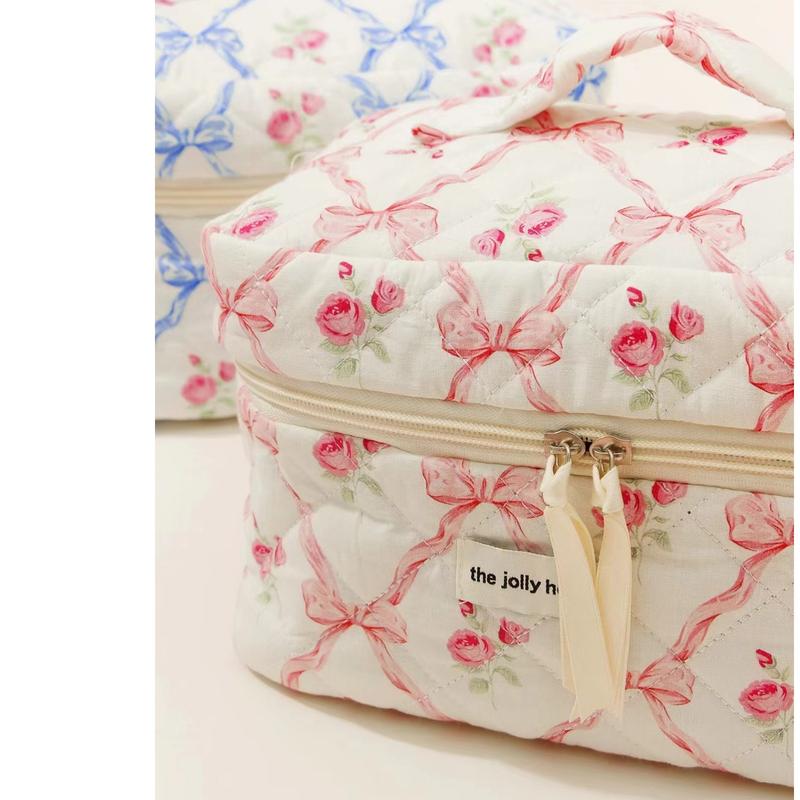 Cute Cotton Floral Quilted Makeup Bag for Women - Flowers Cosmetic Organizer Bag