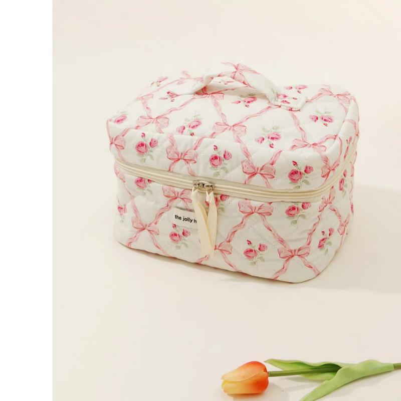 Cute Cotton Floral Quilted Makeup Bag for Women - Flowers Cosmetic Organizer Bag