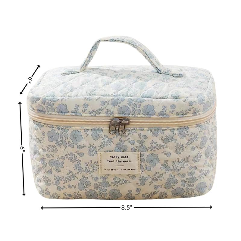 Cute Cotton Floral Quilted Makeup Bag for Women - Flowers Cosmetic Organizer Bag