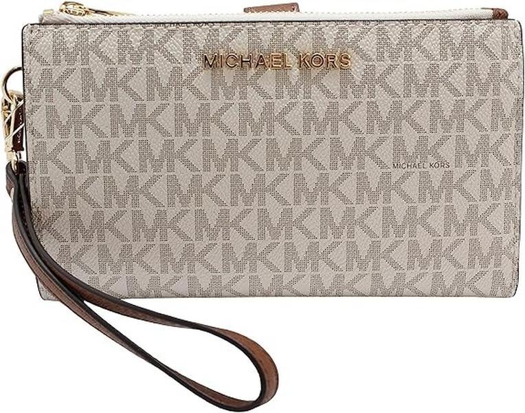 Michael Kors Jet Set Travel Double Zip Wristlet - Signature PVC (Vanilla PVC Dark Acorn)