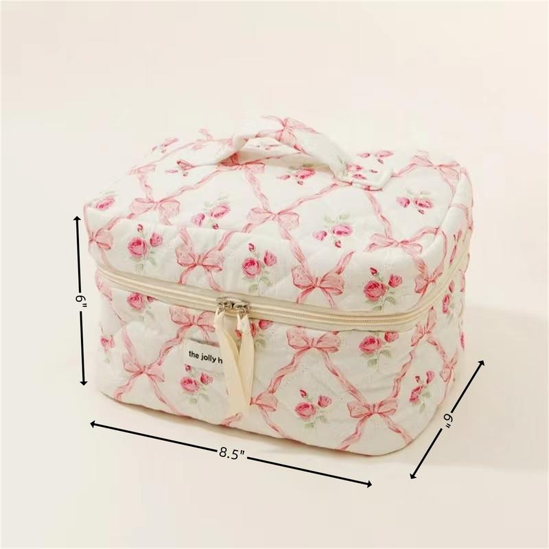 Cute Cotton Floral Quilted Makeup Bag for Women - Flowers Cosmetic Organizer Bag