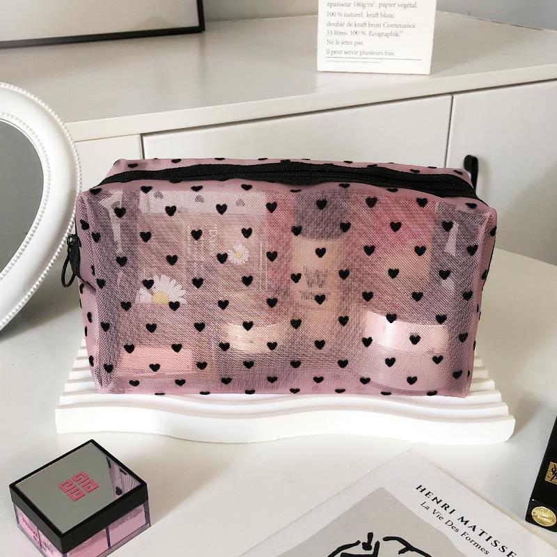 Trendy Mesh Makeup Bag with a Girly Heart Design, Spacious and Portable Toiletry Organizer, Large Capacity for Lipstick and Cosmetic Storage, Pouch for Travel and Daily Use