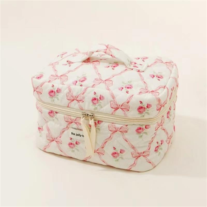 Cute Cotton Floral Quilted Makeup Bag for Women - Flowers Cosmetic Organizer Bag