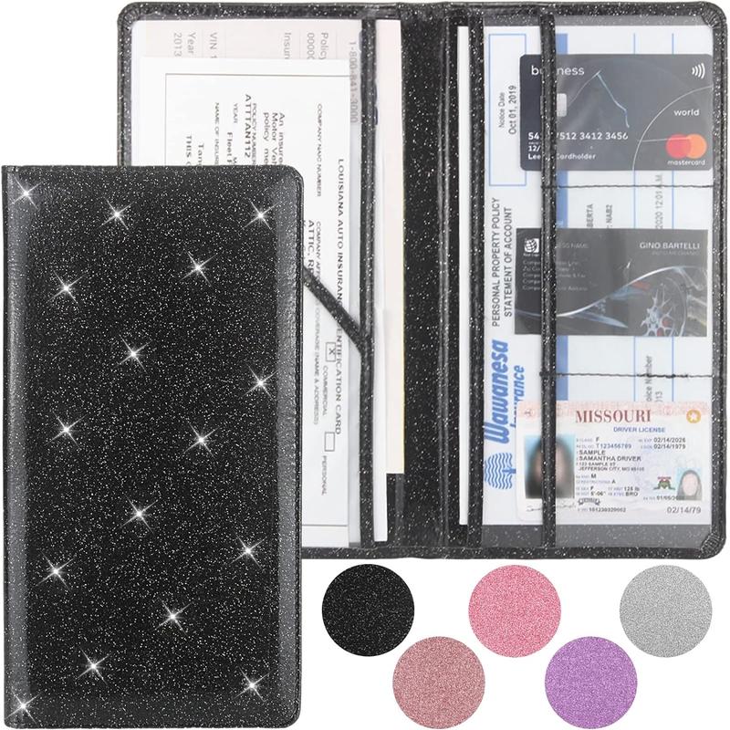 Car Registration and Insurance Card Holder, Driver Vehicle License Document Organizer,Magnetic Closure Design, Transparent Compartment, Glitter Black Pink Blue