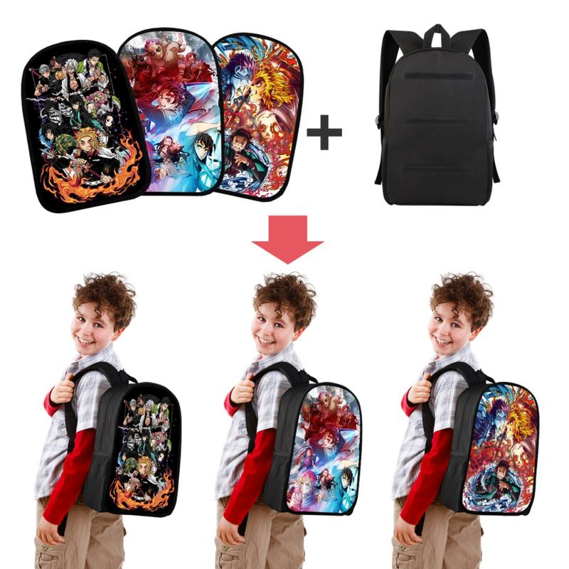 17 Inch Anime Demon Slayer Backpack Large Capacity School Bag Sports Travel Laptop Backpacks 3 PCS Replaceable Pattern