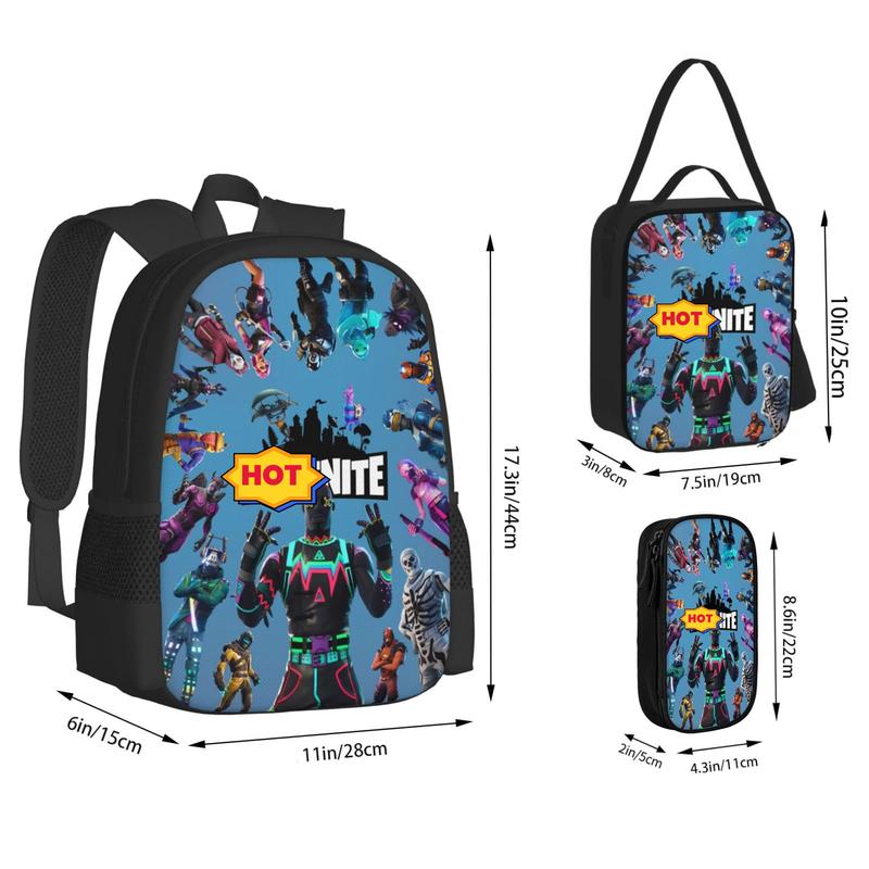 3-Piece Game Laptop Backpack Fortnite Travel Bags Set with Insulated Lunch Bag Pencil Case Gaming