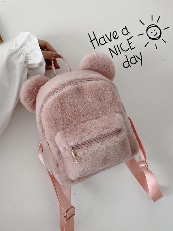 Women's Cute Bear Ear Design Backpack, Fashionable Solid Color Backpack for Daily Used, Casual Trendy Versatile High-quality Daily Commuting Bag