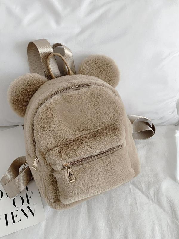 Women's Cute Bear Ear Design Backpack, Fashionable Solid Color Backpack for Daily Used, Casual Trendy Versatile High-quality Daily Commuting Bag