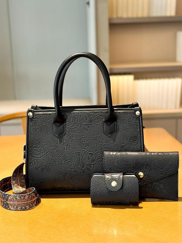 Women's Elegant Floral Embossed Tote Bag & Wristlet & Coin Purse, Fashionable PU Leather Bag Set for Work & Daily Used, Casual Trendy Versatile High-quality Daily Commuting Bag