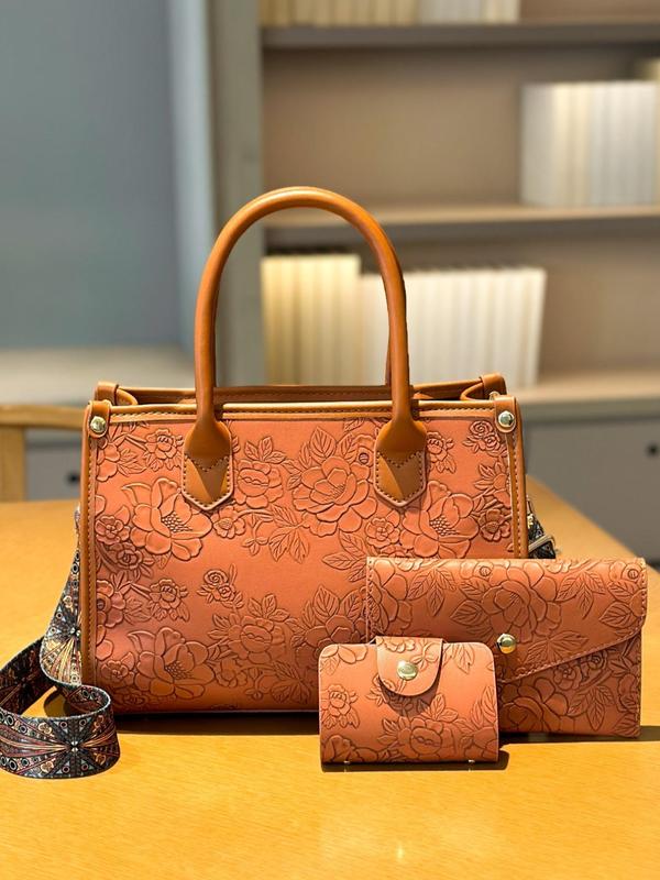 Women's Elegant Floral Embossed Tote Bag & Wristlet & Coin Purse, Fashionable PU Leather Bag Set for Work & Daily Used, Casual Trendy Versatile High-quality Daily Commuting Bag