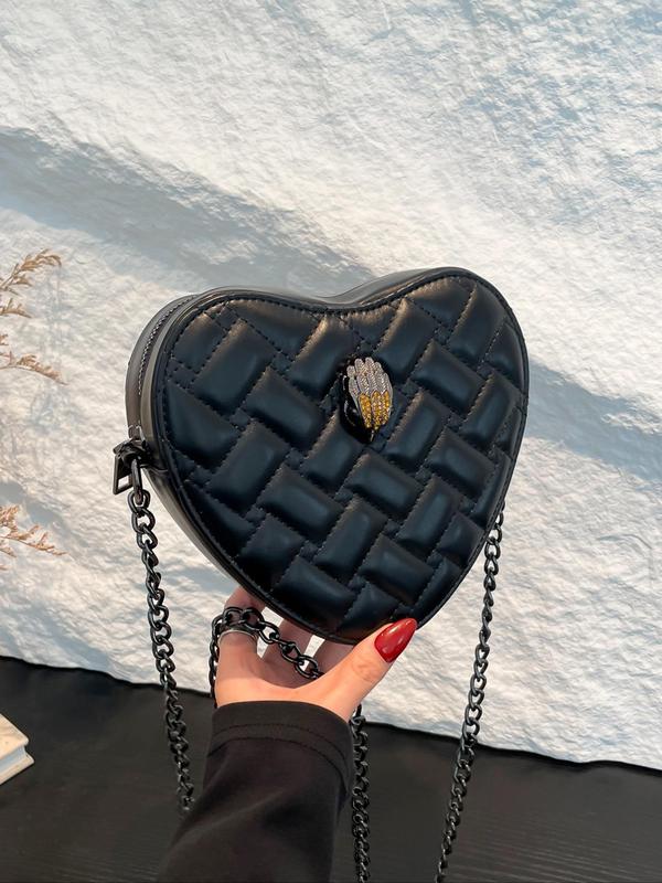 Women's Fashionable Heart Shaped Quilted Crossbody Bag, Bird Decor PU Leather Shoulder Bag with Chain Strap, Trendy All-match Commuter Bag for Daily Used