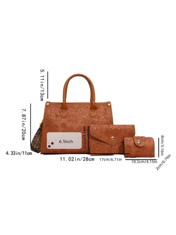 Women's Elegant Floral Embossed Tote Bag & Wristlet & Coin Purse, Fashionable PU Leather Bag Set for Work & Daily Used, Casual Trendy Versatile High-quality Daily Commuting Bag