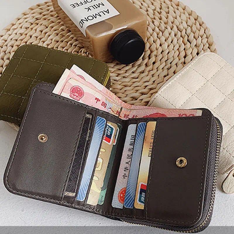 Women Fashion Small Zipper Wallet with Coin Purse PU Leather Plaid Purses