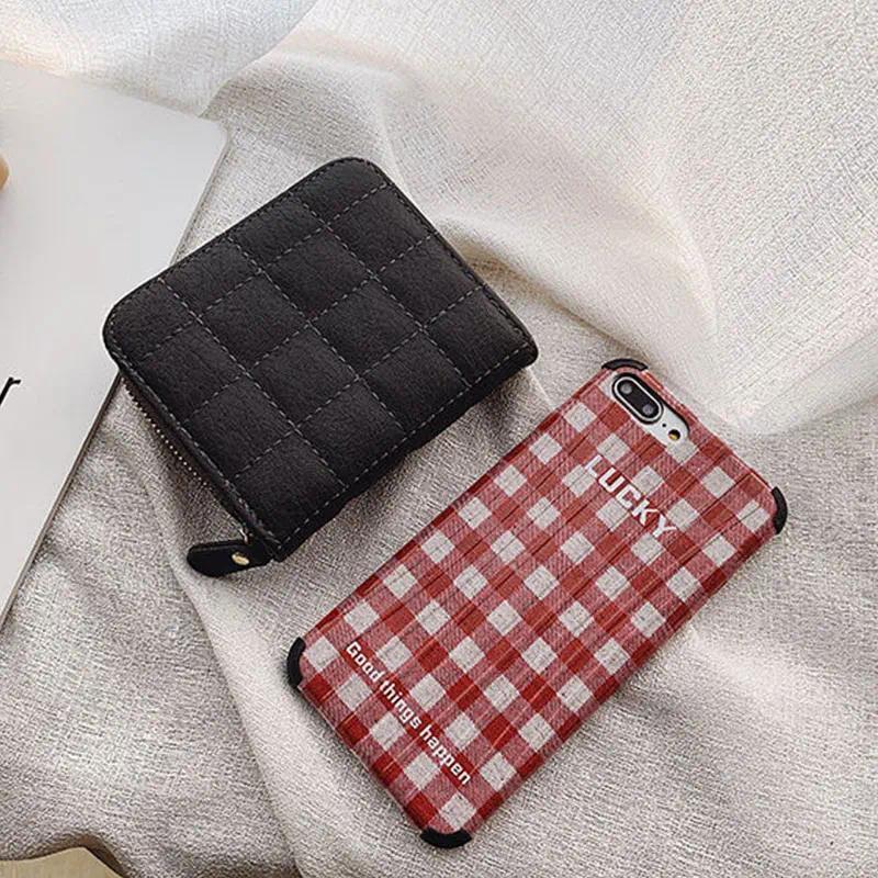 Women Fashion Small Zipper Wallet with Coin Purse PU Leather Plaid Purses