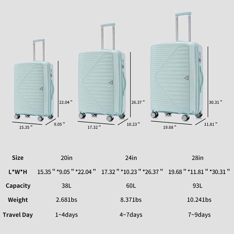 Travel Organizers Luggage Sets 3 Piece(20 24 28),Expandable Carry-On Luggage w. Lock Airline Approved, Hard Shell&Lightweight w. Spinner Wheels(Green)