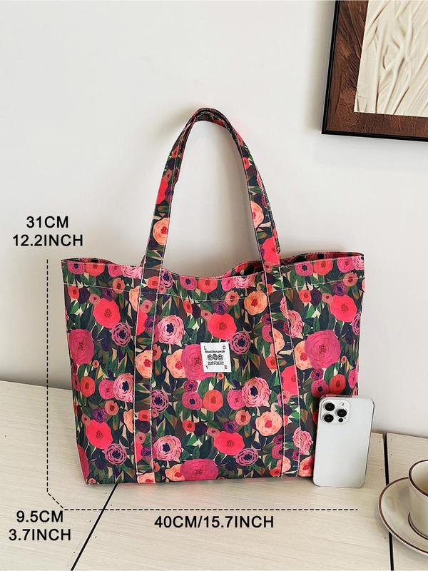 Fashionable Cute Floral & Mango & Patchwork Pattern Tote Bag, Large Capacity Shoulder Bag for Women, Trendy Versatile High-quality Daily Commuting Bag, Girl Fashionable Shopping Bag